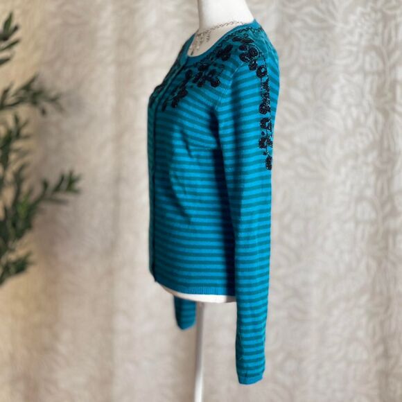 NWOT ONG Blue Striped Cashmere Beaded Cardigan Sleaze Academia Retro Size M - Picture 7 of 8